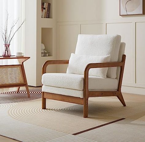 Cream Accent Chair, Long Narrow Living Room, Wood Frame Arm Chair, Comfy Reading Chair, Chambre Inspo, Mid Century Modern Accent Chairs, Narrow Living Room, Chair For Living Room, Dining Room Combo