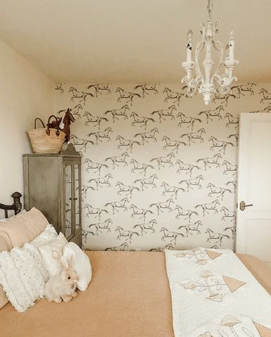 Bunk Bed Wallpaper, Horse Wallpaper Bedroom, Nursery Ideas Horse, Toddler Horse Room, Neutral Western Wallpaper, Horse Room Ideas, Vintage Western Wallpaper, Accent Wallpaper Bedroom, Western Accent Wall