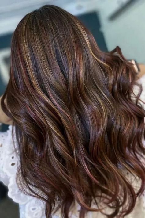 Red And Caramel Highlights Blend Medium Brown With Auburn Highlights, Red Caramel Highlights, Red And Caramel Highlights, Red Brown Hair Colors, Dark Brown Hair With Red, Brown With Auburn Highlights, Red Brown Hair Color, Brown Hair Trends, Dark Brown Highlights