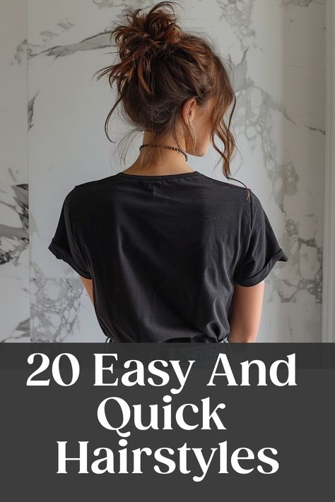 Woman with a casual updo, black t-shirt, standing in front of an abstract wall art, representing easy and quick hairstyles. Quick Easy Hair Dos For Long Hair, Workout Hairstyles Medium Hair, Easy For Medium Hair Hairstyles, Easy Updos For Medium Hair Casual, Cute Hairstyles For Cleaning, Easy Hairstyles For Busy Moms, Hairstyles For Traveling Long Hair, Long Hairstyles Updo Easy Casual, How To Style My Hair Easy Hairstyles