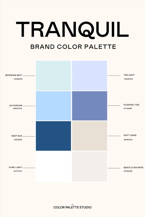 This is a peaceful and soft set of colors for a Tranquil brand color palette. Includes pairing guide, contrast scores for color and vision accessibility, color names, and hex codes. Caring Color Palette, Therapeutic Color Palette, Inspirational Color Palette, Soothing Color Palette Hex Codes, Tranquil Color Palette, Skin Care Color Palette, Blue Sky Color Palette, Welcoming Color Palette, Peaceful Color Palette