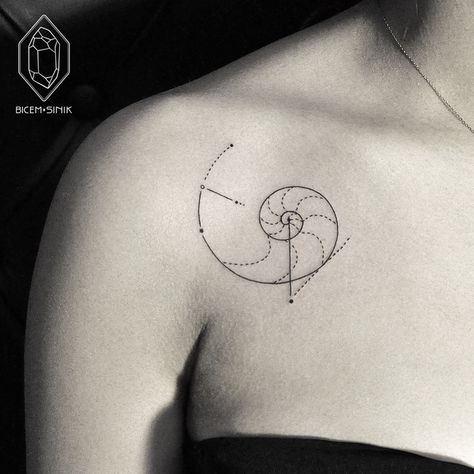 Gorgeous minimalist tattoos made from dots and lines by turkish artist Bicem Sinik - Album on Imgur Geometric Dotwork Tattoo, Nautilus Tattoo, Fibonacci Tattoo, Spiral Tattoos, Ufo Tattoo, Dot Tattoos, Shape Tattoo, Tattoos Geometric, Nautilus Shell