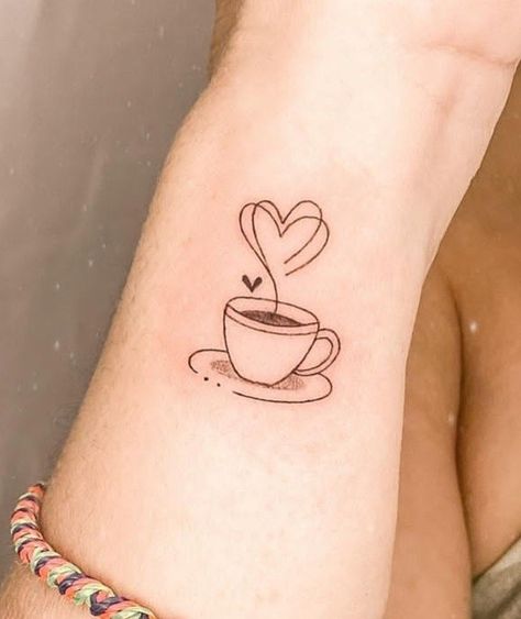 Coffee Tattoo For Couples, Coffee Tattoos For Women, Cafe Tattoos For Women, Mug Of Coffee Tattoo, Bee Yourself Tattoo, Breakfast Tattoo Ideas, Cute Coffee Tattoo, Best Tattoos For Women Classy, Coffee Nails Designs