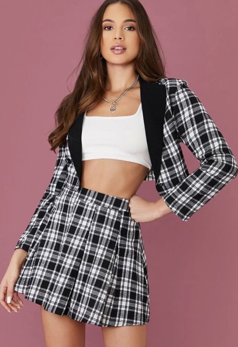 Checkered Skirt Outfit, Clueless Halloween Costume, Girl Group Costumes, Plaid Skirt Set, Couple Halloween Costumes For Adults, Blazer And Skirt Set, Clueless Outfits, Checkered Skirt, Crop Blazer