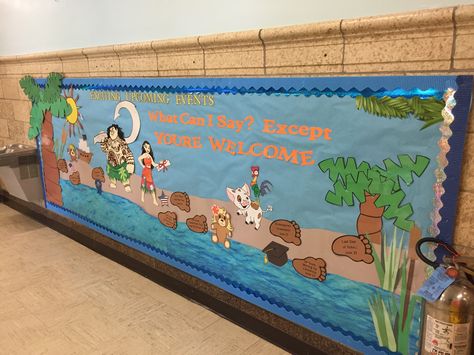 Moana end of year Bulletin Board. What can I say except you're welcome. Island Bulletin Board Ideas, Moana Bulletin Board Ideas, Moana Bulletin Board, Moana Classroom Theme, Hawaiian Bulletin Board Ideas, Disney Classroom Theme, Backboard Ideas, End Of Year Bulletin Board, Disney Bulletin Boards