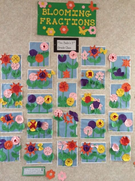 A great way to integrate math and art. Each flower represents one whole using different fractional units. Spring Fraction Craft, Fraction Flower Activity, Grade 3 Math Projects, Fraction Art 2nd Grade, Fraction Art 3rd, Fraction Flowers, Fractions Project, Fractions Craft, Fractions Lesson