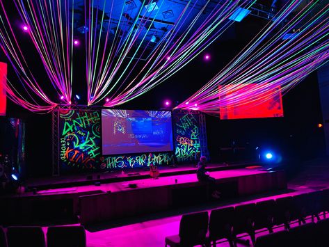 Black Light Stage Design, Youth Worship Night, Church Backdrop, School Dance Themes, Grad 2023, Worship Night, Stage Ideas, City Theme, Party Entrance