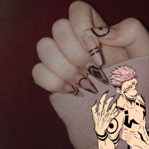 Nails anime Nails Sakuna Jujutsu, Choso Nail Idea, Sukuna Themed Nails, Jujitsu Kaisen Nail Art, Sakura Nails Jjk, Dazai Nails Design, Sukuna Inspired Nails, Choso Jjk Nails, Gojo Inspired Nails