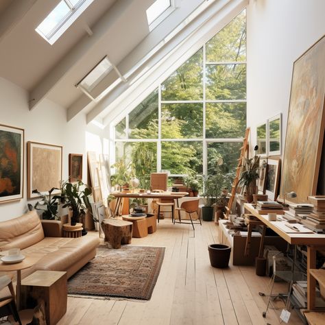 Rooftop Art Studio, All White Art Studio, Living Room Art Studio, Small Home Art Studio, Painting Studio Workspaces, Sunroom Studio, Cozy Art Studio, Art Studio Aesthetic, Artist Home Studio