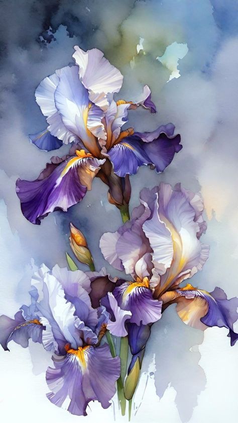 Iris Flowers Drawing, Watercolour Iris, Flowers Watercolor Paintings, Iris Flower Painting, Flowers In Watercolor, Iris Art, Iris Painting, Flower Painting Canvas, Soyut Sanat Tabloları