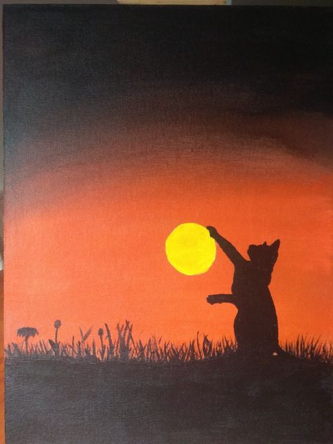 Black Cat Silhouette Painting, Cat Painting Tutorial Step By Step, Cute Cat Canvas Painting Easy, Cat Canvas Painting Ideas, Silouhette Painting Ideas, Cats Canvas Painting, Cool Acrylic Painting Ideas On Canvas, Cute Animal Paintings Acrylic, Drawing Ideas Easy Aesthetic Color