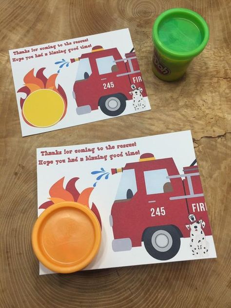 Fire Truck Birthday Party Ideas Favors Goodie Bags, Firetruck Birthday Favors, Fire Truck Goodie Bags, 2nd Birthday Fire Truck Theme, Firefighter Play, Play Doh Gift, Fire Truck Birthday Party Ideas, Gift Card Printable, Dough Clay