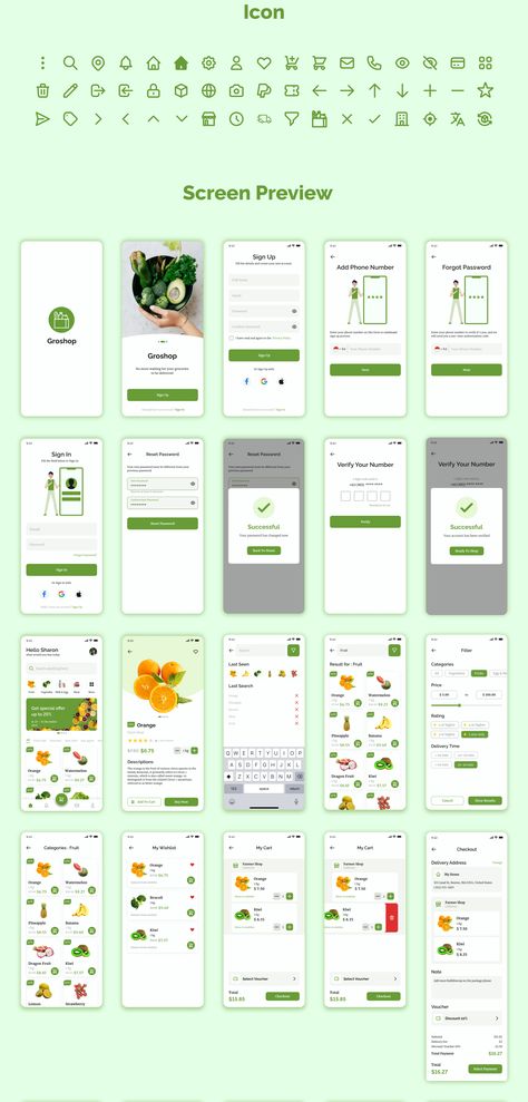 Groshop - Grocery App UI Kit — UI Kits on UI8 Grocery App Design, Grocery App Ui Design, Supermarket App, Ios App Ui, Desain Ux, Vectors Math, Bubble Letter Fonts, Green Market, Font Bubble