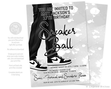 Jersey Sneaker Ball, Sneaker Ball Party Ideas For Men, Sneaker Ball Invitation Ideas, Sweet 16 For Boys, Sneaker Party, 22 Bday, Ball Birthday Party, Black And Gold Sneakers, Sneaker Ball