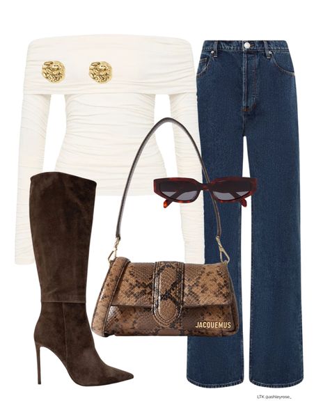 Trending off the shoulder long sleeve Henne top. Paired with straight leg denim. High knee suede boots. Celine sunglasses. Jacqumes bag. Brown Long Sleeve Top Outfit, Long Brown Boots Outfits, Brown Suede Boots Outfit, Suede Boots Outfit, Collage Outfit, Long Brown Boots, Long Sleeve Top Outfit, Brown Boots Outfit, Collage Outfits