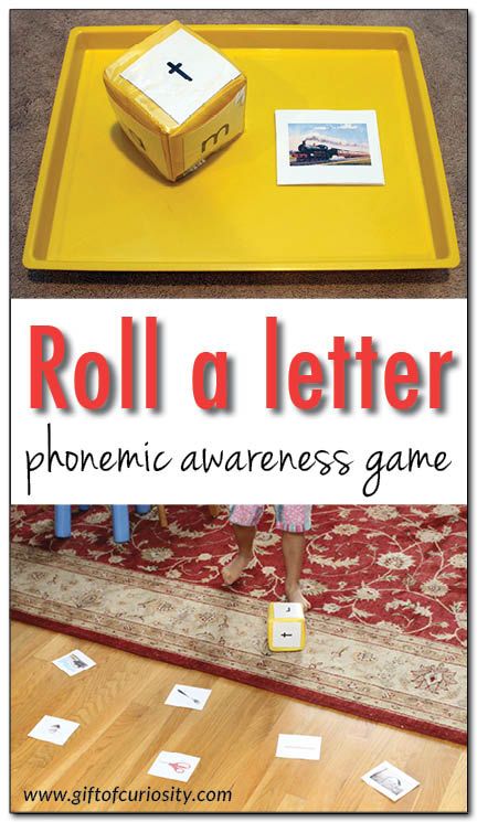 Roll a letter phonemic awareness game {101 ways to teach the alphabet} - a simple game for helping kids learn the sounds letters make and recognize the first sounds of words || Gift of Curiosity Letter Sound Sensory Activities, A Sound Words With Pictures, Sounds Write, Phonics Preschool, Phonological Awareness Games, Letter Sound Games, Phonemic Awareness Games, Teach The Alphabet, Letter Sound Activities