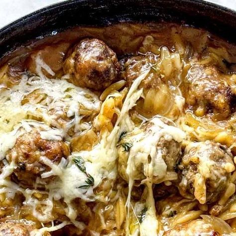 HuffPost Taste on Instagram: "French Onion soup lovers, this is for you – these French Onion Meatballs with Orzo are the ultimate comfort food. Get the recipe from @foodiecrush at the link in bio!" French Onion Meatballs, Onion Meatballs, Soup Lovers, Foodie Crush, Food Board, French Onion Soup, Ultimate Comfort Food, French Onion, Onion Soup