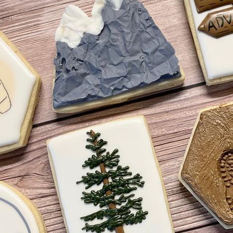 sara’s sweet confections on Instagram: "Let’s Adventure! #hikingcookies #letsadventurecookies #footprintcookies #mountaincookies #hikingbootcookies #treecookies #adventurecookies #decoratedsugarcookies #royalicingcookies" Let The Adventure Begin, Tree Cookies, Cookies Decorated, Baking Ideas, Royal Icing Cookies, And So The Adventure Begins, Sugar Cookies Decorated, Royal Icing, Snowboarding