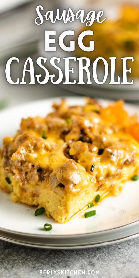 Slice of sausage egg casserole on a plate. Sausage And Eggs Casserole, Sausage Links And Eggs Breakfast, Sausage And Cheese Egg Bake, Sausage Egg Casserole With Bread, Egg And Sausage Bake, Sausage Egg Casserole Recipes, Egg Bake With Sausage, Egg Casserole Recipes Sausage, Egg Bake With Bread