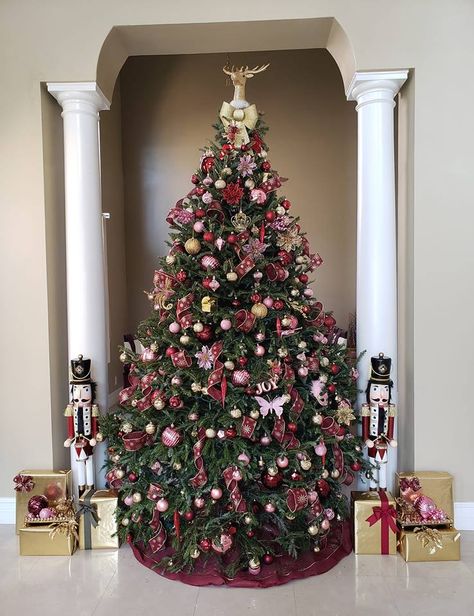 Plum And Pink Christmas Tree, Rose Gold Burgundy Christmas Tree, Burgundy Pink And Gold Christmas Tree, Pink And Maroon Christmas Tree, Christmas Tree Themes Colors Pink, Pink Red Gold Christmas Tree, Pink Red And Gold Christmas Tree, Dark Pink Christmas Tree, Burgundy And Pink Christmas Decor