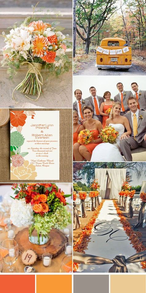 rustic orange and gray wedding color inspiration. orange dresses are too much though Wedding Themes Orange, Orange And Yellow Wedding Theme, Beautiful Wedding Colors, Orange And Gray Wedding, Yellow And Orange Wedding, Orange Themed Wedding, Orange Wedding Theme, Orange Wedding Ideas, Florida Fall