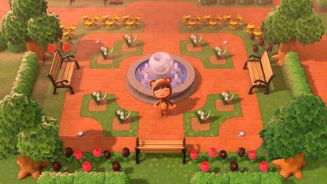 Acnh Town Hall Ideas, Anch Ideas, Animale Crossing, Fountain Plaza, Animal Crossing New Horizon, Fountain Ideas, Plaza Design, Interesting Facts About Yourself, Animals Crossing