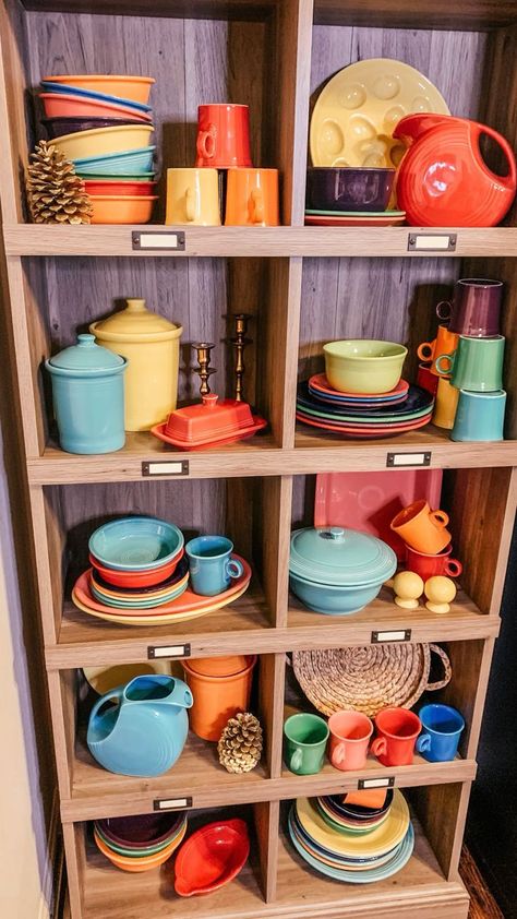 Fiesta-ware Display | Craft booth display, Vintage store displays, Diy photo display Kitchen Decor Themes Colorful, How To Decorate A Hutch, Top Of Refrigerator Decor, Peruvian Decor, Nostalgic Kitchen, Modern Cabin Interior, Refrigerator Decor, Fiesta Kitchen, Vintage Booth Display