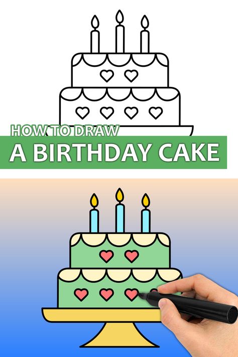 Learn how to draw a Birthday Cake with this step by step drawing tutorial video. Enjoy! ♥ #birthdaycake #cakedrawing #birthdayart #howtodraw #easydrawingforkids #easydrawing #drawingtutorial How To Draw A Cake Step By Step, How To Draw A Birthday Cake, Birthday Cake Drawing Simple, Draw A Birthday Cake, Birthday Cake Drawing, Birthday Cake Easy, 80 Birthday Cake, Cake Drawing, Simple Drawings