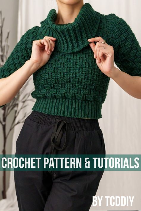 Cowl Neck Sweater Pattern, Turtleneck Sweater Pattern, Crochet Turtleneck Sweater, Crochet Turtleneck, Sweater Pattern Crochet, Basketweave Stitch, Step By Step Crochet, Photo Pattern, Crochet Diy