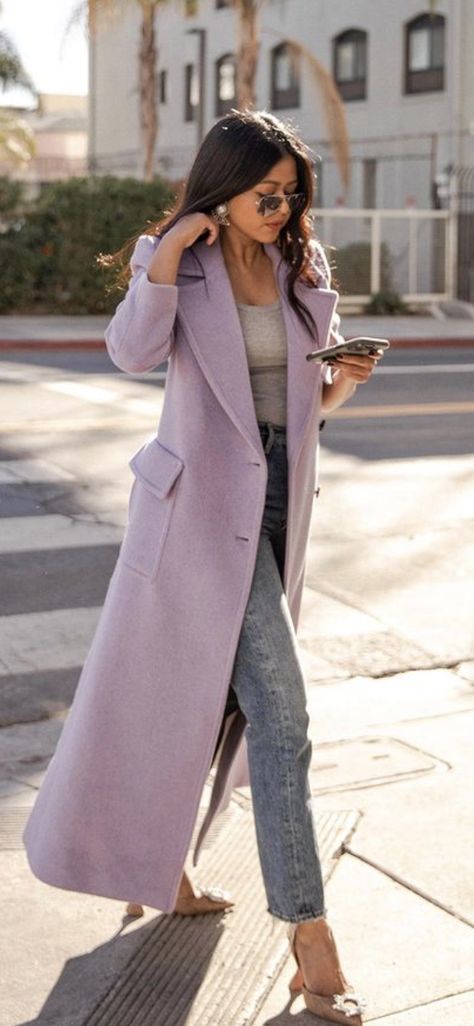 Purple Coat Outfit, Purple Overcoat, Lilac Coat, Quilted Blazer, Winter Coat Outfits, Winter Typ, Classy Winter Outfits, Coats Women, Pretty Stuff