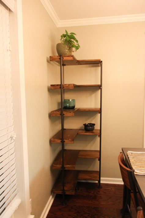 vertical shelves for corner Diy Corner Shelves, Diy Corner Shelf, Rustic Corner Shelf, Diy Small Apartment, Corner Shelf Ideas, Corner Shelf Design, Dining Room Renovation, Corner Wall Shelves, Corner Bookshelves