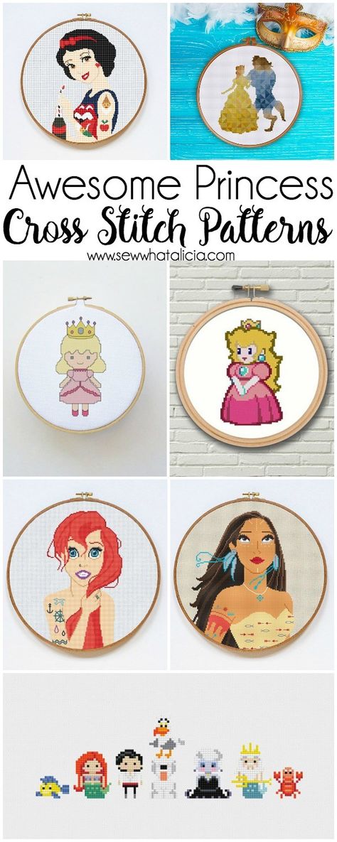 Princess Counted Cross Stitch Patterns: These cross stitch patterns are perfect for beginners and seasoned cross stitchers alike. Click through for a full list of patterns. | www.sewwhatalicia.com Disney Cross Stitch Patterns, Pola Kristik, Disney Cross Stitch, Counted Cross Stitch Kits, Cross Stitch Patterns Free, Free Cross Stitch, Embroidery For Beginners, Hand Embroidery Patterns, Modern Cross Stitch