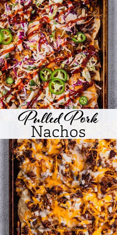 These BBQ Pulled Pork Nachos are a great one pan meal! Loaded with melty cheesy, pulled pork, and a tangy coleslaw they're a delicious dinner! Bbq Nachos Recipe, Pulled Pork Nachos Recipe, Pork Nachos Recipe, Nachos Recept, Tangy Coleslaw, Sheet Pan Pork, Pulled Pork Nachos, Homemade Nachos, Nachos Recipe Easy