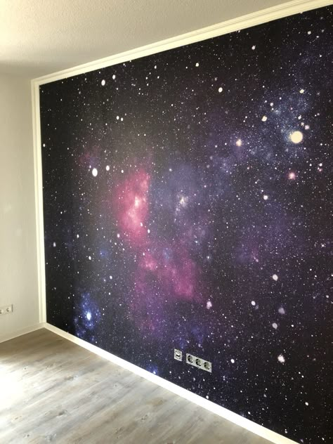 Galaxy Themed Room Wallpaper, Painting A Galaxy Wall, Galaxy Wallpaper Room, Space Wallpaper Room, Galaxy Painting On Wall, Galaxy Painted Wall, Galaxy Wall Paint Diy Bedroom, Galaxy Wallpaper Bedroom, Galaxy Mural Diy