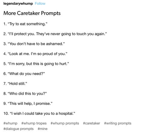 Caretaker Dialogue Prompts, Whump Prompts Caretaker, Caretaker Prompts, Horror Prompts, Fanfic Writing, Writing Plot, Writing Fantasy, Writing Prompts For Writers, I'm A Loser