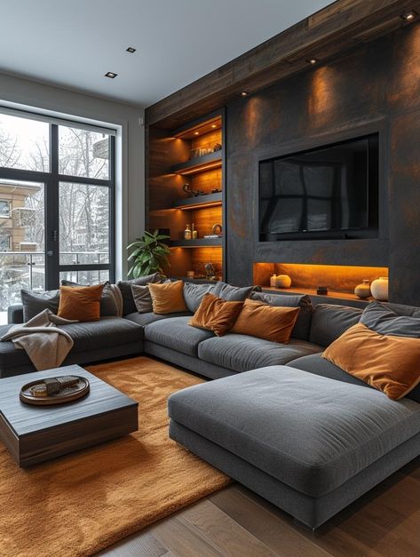 Tv Rooms With Sectionals, Black And Orange Living Room Ideas, Black And Orange Room, Dark Snug Room Ideas, Orange And Black Living Room, Masculine Couch, Black Media Wall, Black And Orange Living Room, Dark Sofa Living Room