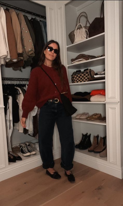 Maroon Top Outfit, Dark Denim Shirt, Long Cardigan Outfit, Happy Hour Outfit, Double Denim Looks, Maroon Top, Jeans With Heels, Suede Bag, Double Denim