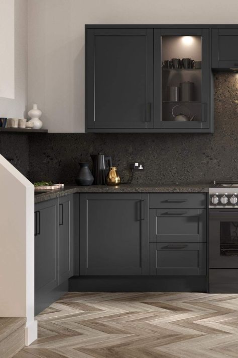 Graphite Kitchen Cabinets, Graphite Kitchen, Moody Kitchen, Terrazzo Marble, Country Modern, Kitchen Range, Shaker Kitchen, Kitchen Units, Chic Living