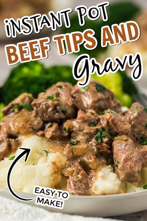 This instant pot beef tip recipe is out of this world! The beef is tender and the gravy is delicious! Try beef tips over rice or pasta. Beef Tips In Instant Pot, Instant Pot Beef Tips And Gravy, Beef Tip Instant Pot Recipes, Beef Tips Over Rice, Instant Pot Beef Tips, Breakfast Crockpot, Beef Tips And Rice, Beef Tips And Noodles, Instant Pot Stew