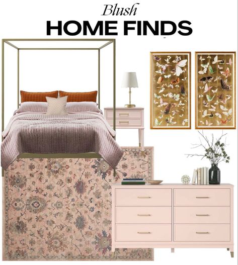 Bedroom 
Home 
Pink
Blush 
Canopy bed 
Rug 
Dresser Pink And Gold Room, Anthropologie Artwork, Walmart Furniture, Bedroom Finds, Teen Bedroom Makeover, Pink Furniture, Gold Rooms, Orange Bedding, Daughter Bedroom