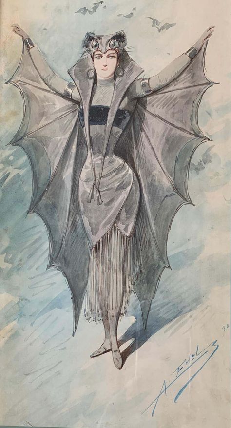 For Sale on 1stdibs - Fabulous antique original watercolor painting on paper from 1890 by famous deceased Italian painter and costume designer, Alfredo Edel Colorno (1856-1912) Bat Woman, Bat Costume, Baroque Painting, Vintage Halloween Costume, Victorian Costume, European Paintings, Costume Designer, Painting On Paper, Historical Costume