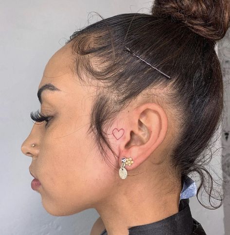 Heart Ear Tattoos For Women, Female Small Face Tats, Cute Tats Behind Ear, Heart Tattoo On Side Of Face, Quotes Behind Ear Tattoo, Baddie Tattoo Ideas Female Behind Ear, Woman Behind Ear Tattoo, W A Y S Tattoo Behind Ear, Mini Ear Tattoos