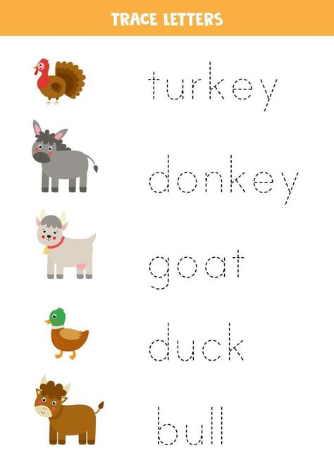 Tracing letters with cute farm animals. Writing practice. Cute Vegetables, Animal Writing, Cute Farm Animals, Abc Worksheets, Name Tracing, School Worksheets, Tracing Letters, Homeschool Activities, Pre Writing