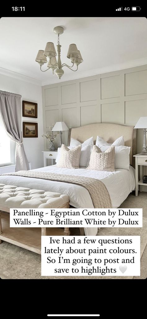 Overtly Olive Panelling, Bedroom Panelling Neutral, Bedroom Ideas Master Color Schemes Cream, Olive Bedroom Panelling, Sage Green Paneling, Cream Wall Panelling Bedroom, Sage Panelling Bedroom, Taupe And Cream Bedroom, Master Bedrooms Colour Schemes 2023