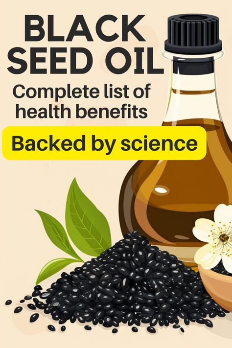 Bottle of black seed oil. Text reads: Black seed oil. Complete list of health benefits. Backed by science. Black Cumin Seed Oil Benefits, Oil Benefits For Skin, Black Seed Oil Benefits, Benefits Of Black Seed, Seeds Benefits, Autoimmune Diet, Skin And Hair Care, Oil Remedies, Essential Oil Blends Recipes