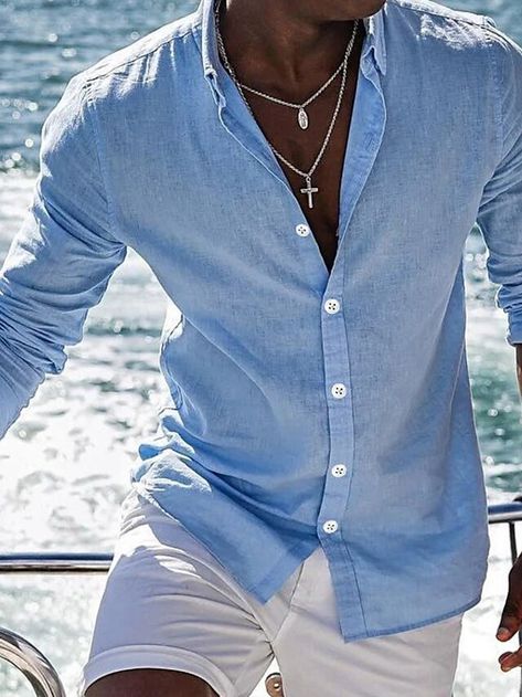 Men Linen Shirt, Shirt Linen, Linen Shirts, Linen Shirt Men, Mens Linen, Herren Outfit, Men Shirts, Blue Khakis, Sport Style