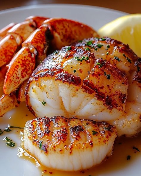 "🦞 Garlic Butter Lobster and Scallops 🧄🦪 Savor the Sea's Bounty with Every Bite! Perfect for a special evening, this dish brings the ocean's freshness right to your dining table, combining the rich, buttery flavors of lobster and scallops with a hint of garlic. 🍽️ Ingredients 🍽️ - For the Scallops: - 1/2 lb sea scallops, patted dry - 1 tbsp olive oil - 2 tbsp unsalted butter - 2 cloves garlic, minced - Salt and pepper to taste - Fresh parsley for garnish - For the Lobster: - 2 lobst... Garlic Butter Lobster And Scallops, Garlic Butter Lobster, Butter Lobster, Keto Approved Foods, Lobster Recipes Tail, Yummy Seafood, Sea Scallops, Lobster Recipes, Delicious Snacks Recipes