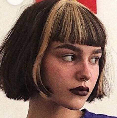 Pinup Hairstyles With Bangs, Bob With Dyed Tips, Short Burgundy Hair Bob, Bob Micro Bangs, Choppy Bangs Short Hair, Skunk Hair Short, Bob With Micro Bangs, Bixie Colour Haircut 2024, 90s Short Bob