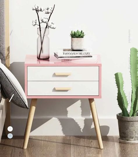 Nightstand Pastel, Pastel Nightstand, Cute Nightstands Aesthetic, Cute Nightstand, Pink Nightstand, White Bed Side Table, Painted Nightstand Ideas, Nightstand Inspiration, Girl Nightstand