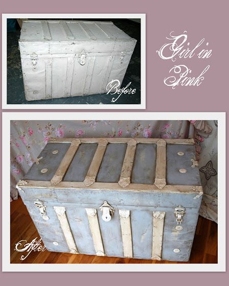 Shabby Chic Trunk, Trunk Redo, Trunk Makeover, Muebles Shabby Chic, Metal Trunks, Painted Trunk, Old Trunks, Antique Trunk, Vintage Trunks